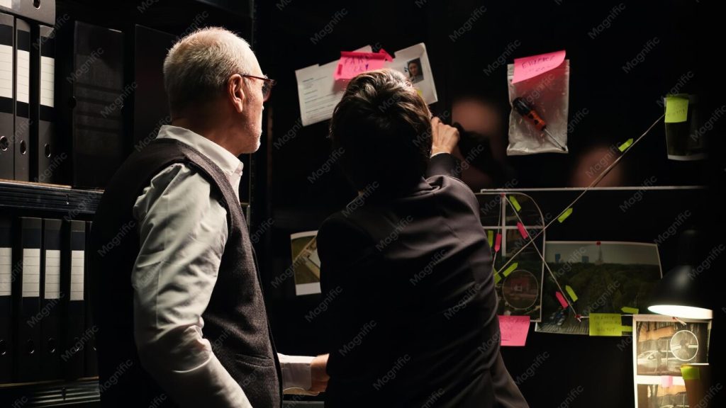 Policiais analisando quadro de investigação de uma operação